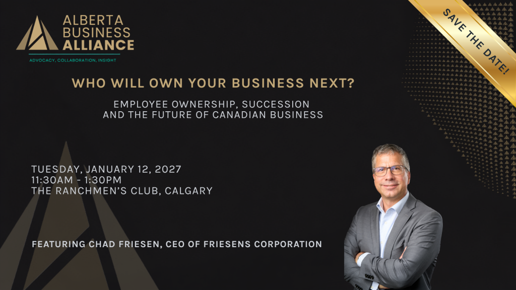 Chad Friesen speaking at Alberta Business Alliance business succession and employee ownership event